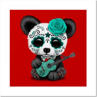 Blue Sugar Skull Panda Playing Guitar Posters and Art